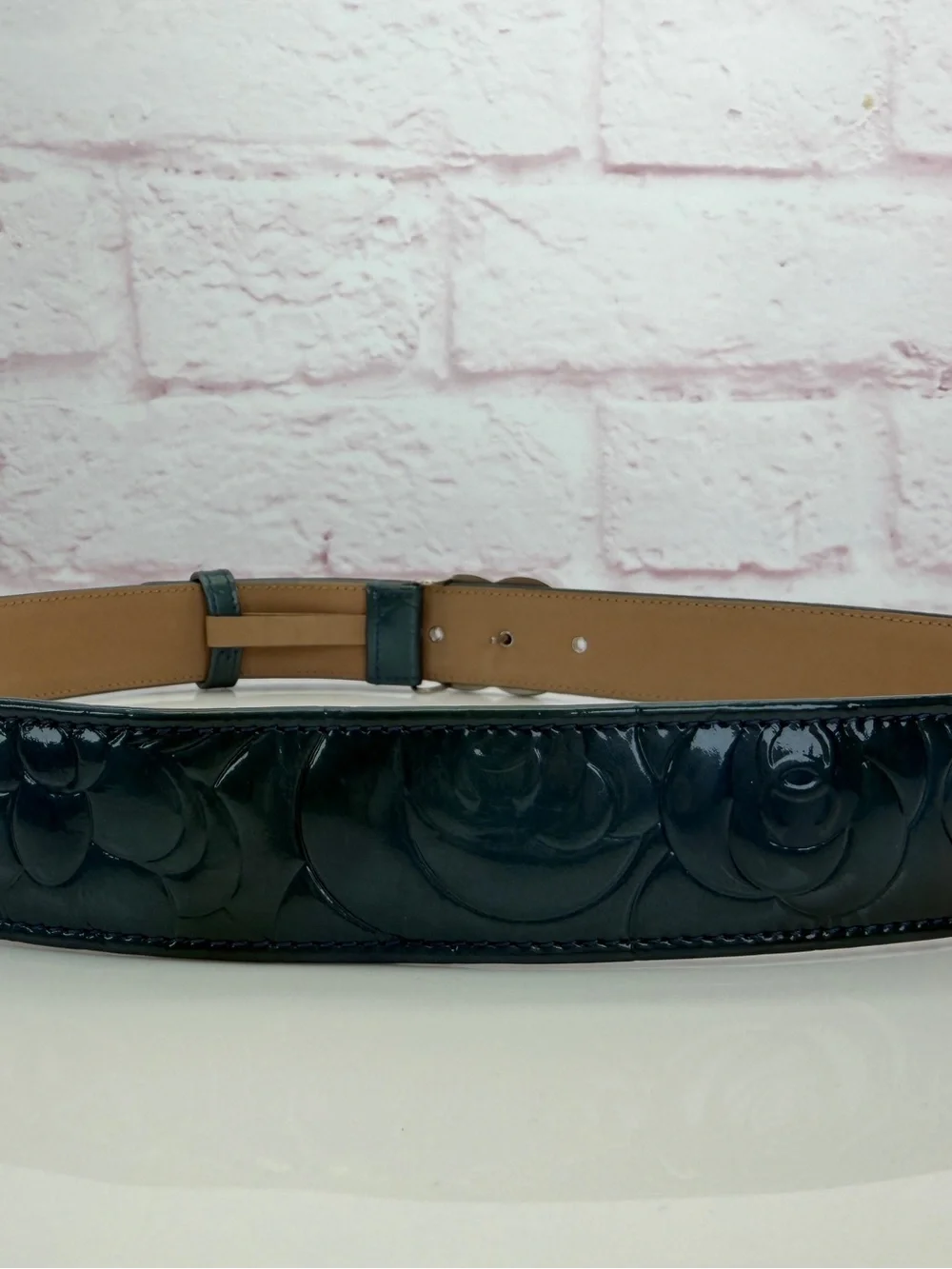 Chanel Teal Patent Leather Camellia Embossed Belt with Interlocking CC Buckle